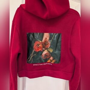 SHEIN EZwear Red Cropped Hoodie with Rose Graphic
